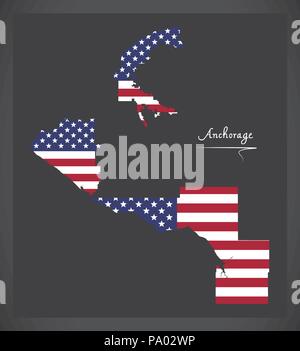 Anchorage Alaska map with American national flag illustration Stock Vector
