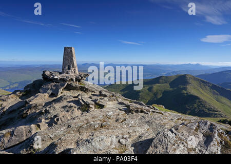 View of the Trig point and Loch Tay from the top of Ben Lawers nr Aberfeldy Stock Photo