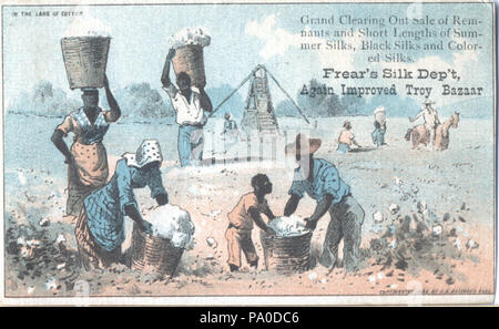 . English: Persistent URL: digital.lib.muohio.edu/u?/tradecards,3378 Subject (TGM): Cotton pickers; Cotton plantations; Afro-Americans; Slaves; Slavery; Sharecroppers; Cotton; Cotton industry; Silk; Ethnic groups;  . circa 1882 672 Frear's Silk Dep't (3092939393) Stock Photo