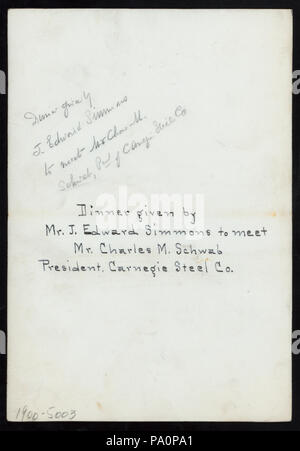 574 DINNER TO MEET CHARLES SCHWAB,PRESIDENT OF CARNEGIE STEEL CO.) (held by) (J.EDWARD SIMMONS ) (at) UNIVERSITY CLUB (OTHER (PRIVATE CLUB);) (NYPL Hades-275170-4000011683) Stock Photo