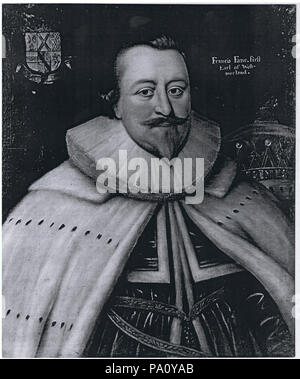 . English: Black & white reproduction of an oil painting of Francis Fane, first Earl of Westmorland, 24 x 27 inches. Note that the within the coat of arms, the first quarter appears to show Azure, three sinister gauntlets Or, rather than the Arms of Fane, Earls of Westmorland, as blazoned per Debrett's Peerage, 1968, p.1148: Azure, three dexter gauntlets back affrontée Or. 1625/16 668 Francis Fane, first Earl of Westmorland, in coronation robes, 2 February 1625 or 26, (24 x 27 inches) Stock Photo