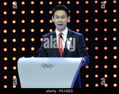 Almaty. 19th July, 2018. File photo taken on July 31, 2015 shows Denis Ten of Kazakhstan delivers a speech during Almaty's 2022 Olympic Winter Games bid presentation at the 128th International Olympic Committee (IOC) session in Kuala Lumpur, Malaysia. Olympic figure skating medalist Denis Ten was stabbed to death on July 19, 2018 in his native Kazakhstan. Credit: Gong Lei/Xinhua/Alamy Live News Stock Photo