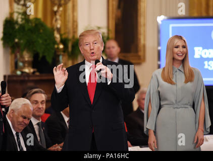Washington, DC, USA. 19th July, 2018. U.S. President Donald Trump speaks during the Pledge to America's Workers event at the White House in Washington, DC, the United States, on July 19, 2018. U.S. President Donald Trump hosted the Pledge to America's Workers event and signed an Executive Order that establishes a National Council for the American Worker. Credit: Liu Jie/Xinhua/Alamy Live News Stock Photo