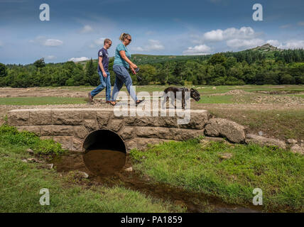 Plymouth, Devon. 19th July, 2018.   Burrator Reservoir on Dartmoor in Devon which is now down to just 41.9% capacity revealing parts of the 15th century Langstone Manor Estate.   Grass and other plants have started to reclaim the ground usually situated under feet of water. Credit: Paul Slater/Alamy Live News Stock Photo