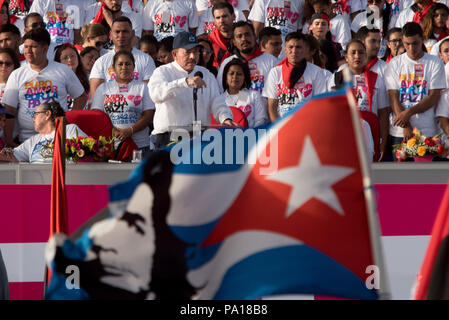 Managua, Nicaragua. 19th July, 2018. President Daniel Ortega (C) speaking to supporters during an event in conmemoration of the 39th anniversary of the Sandinista revolution. The Nicaraguan president has accused the country's Catholic church of being part of an attempted coup against his government. According to Ortega, the country's Catholic bishops aren't intermediaries in the political crisis, but rather part of a putschist conspiracy. Credit: Carlos Herrera/dpa/Alamy Live News Stock Photo