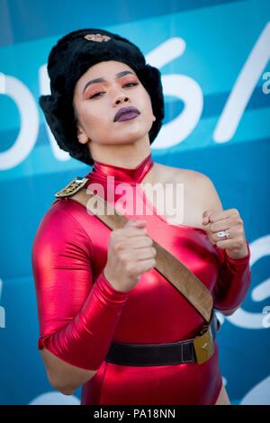 Cosplayer Justine from San Diego as Zoya the Destroyer from 'Glow' at the Comic-Con, an annually exhibition about anime, manga, comics, video games etc., in July 2018. | usage worldwide Stock Photo