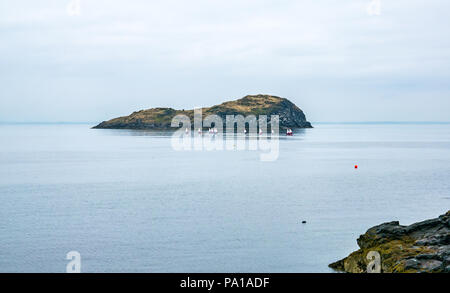 North Berwick, East Lothian, Scotland, United Kingdom, 20th July 2018. A misty morning in a break from the Summer heatwave. A sailing regatta taking place near Craigleith Island in the Firth of Forth with very calm water Stock Photo