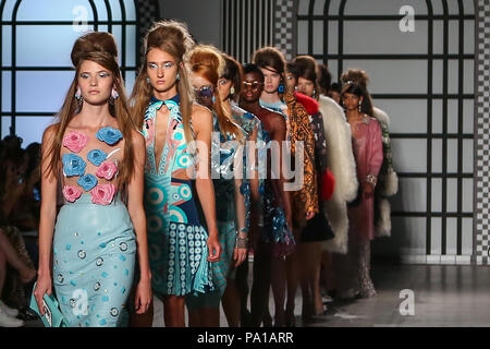 Victoria and Albert Museum. London. UK 20 July 2018 - Fashion in Motion by Holly Fulton a fashion show at Victoria and Albert Museum showcases models wearing colourful pieces by the award winning designer. Born in Scotland, Holly studied in Edinburgh before going on to the prestigious Masters at the Royal College of Art. She established her eponymous label in 2009 and has been awarded numerous accolades including a British Fashion Award, ELLE New Designer and several Scottish Fashion Awards including Innovator of the Year 2016. Credit: Dinendra Haria/Alamy Live News Stock Photo