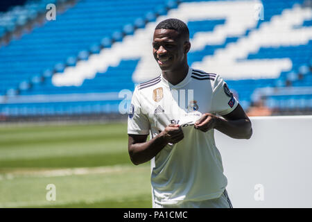 Madrid, Spain. 20th July, 2018. Real Madrid's new Brazilian forward Vinicius Junior during his official presentation in Santiago Bernabeu Stadium in Madrid, Spain. Credit: Marcos del Mazo/Alamy Live News Stock Photo