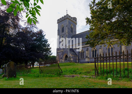 Summer view of St James the Evangelist Church, West Meon in the Meon Valley in the South Downs National Park, Hampshire, UK