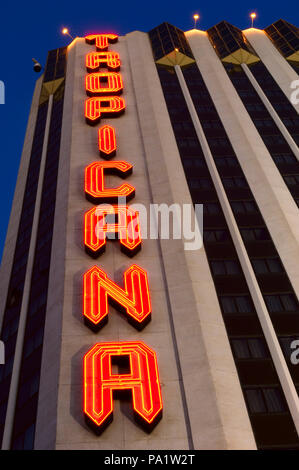 A look from below of the neon signage of the legendary Tropican Hotel and Casino. Stock Photo