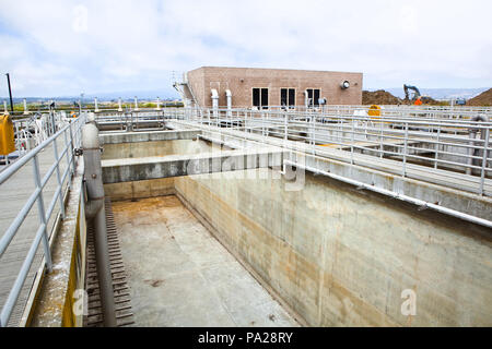 Offline, empty aeration basin at a wastewater treatment plant