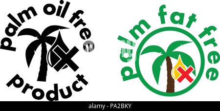 Palm oil/fat free product icon. Tree and drop symbol with cross. Black and white, or colour sign version. Stock Vector