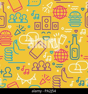 Modern party seamless pattern with colorful outline style icon set. Trendy teen celebration background includes social network symbols. EPS10 vector. Stock Vector