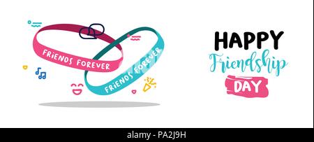 Happy Friendship day holiday web banner of cute friend bracelet. Friends forever wrist band with text quote message. EPS10 vector. Stock Vector