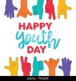 Happy Youth Day greeting card illustration, diverse group hands in colorful hand drawn style. Young people team with typography quote.  EPS10 vector. Stock Vector