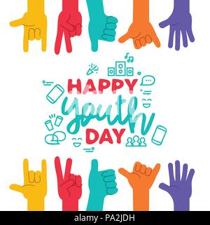 Happy Youth Day greeting card of diverse color hands and text quote. Colorful young people group concept. EPS10 vector. Stock Vector