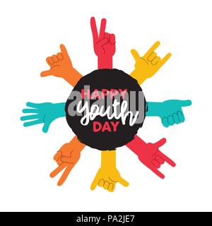 Happy Youth Day greeting card of diverse color hands and text quote. Colorful young people group concept. EPS10 vector. Stock Vector