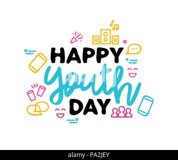 Happy Youth Day greeting card illustration, hand drawn typography text quote with modern party and social media icons. EPS10 vector. Stock Vector