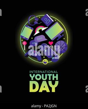 International Youth Day web banner for special holiday event. Modern teen leisure activity icons include social network symbols, gaming controller and Stock Vector