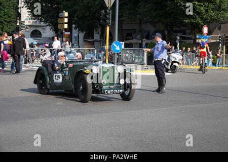 Brescia, Italy - May 19 2018: MG TB 1939 is an old racing car in rally Mille Miglia 2018, live shot at the famous italian historical race on May 19 20 Stock Photo