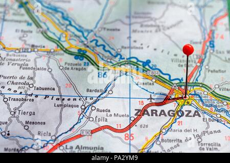 Sweden Stockholm, 07 April 2018: European cities on map series. Closeup of Zaragoza Stock Photo