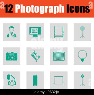 Photography icon set. Green on gray design. Vector illustration. Stock Vector