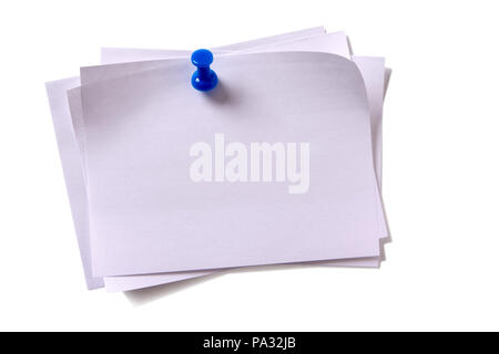 Several untidy white sticky post note pinned pushpin white background Stock Photo