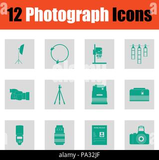 Photography icon set. Green on gray design. Vector illustration. Stock Vector
