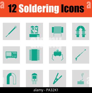 Set of twelve soldering  icons. Green on gray design. Vector illustration. Stock Vector