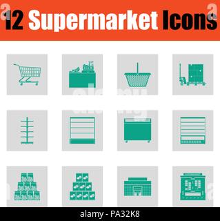 Supermarket icon set. Green on gray design. Vector illustration. Stock Vector