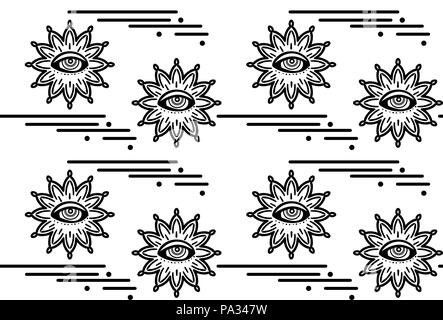 Seamless pattern with hypnosis eyes. Vector abstract background. Psyphodelic black white pattern. Stock Vector