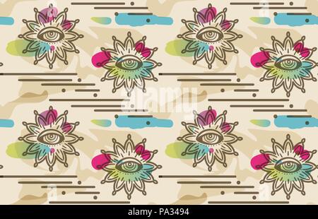 Seamless pattern with hypnosis eyes. Vector abstract background. Psyphodelic multicolored beige pattern. Stock Vector