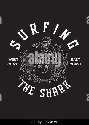 Surfing the shark white on black is a vector illustration of a maui man with a wood mask surfing a shark Stock Vector