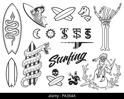 Surf bundle black on white is a vector illustration set containing different designs Stock Vector