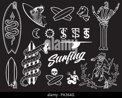 Surf bundle white on black is a vector illustration set containing different designs Stock Vector