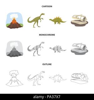 Volcanic eruption, gallimimus, stegosaurus,dinosaur skull. Dinosaur and prehistoric period set collection icons in cartoon,outline,monochrome style ve Stock Vector