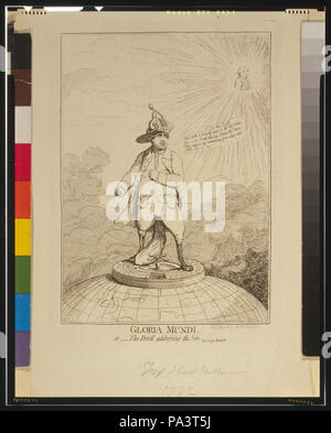 . English: Title: Gloria Mundi, or The Devil addressing the sun - Pare. Lost, Book IV Abstract: Cartoon showing Charles James Fox standing on a roulette wheel perched atop a globe showing England and continental Europe, the implication is that his penniless state, indicated by turned-out pockets, is due to gambling; he looks over his left shoulder up at a bust of Shelburne who, like the sun, is beaming radiantly. Like Edmund Burke, Fox resigned his position as foreign secretary in protest at the appointment of Shelburne following Rockingham's death. Physical description: 1 print : etching. Not Stock Photo