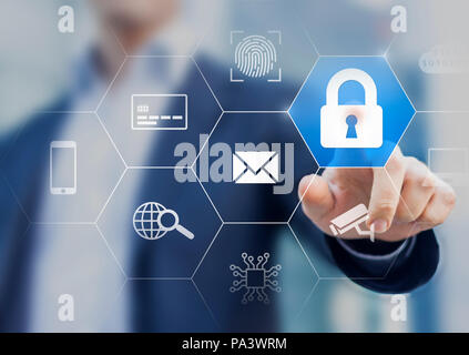 Cybersecurity on internet with secure access website and email, protection for credit card payment, biometric fingerprint, cyber security for personal Stock Photo
