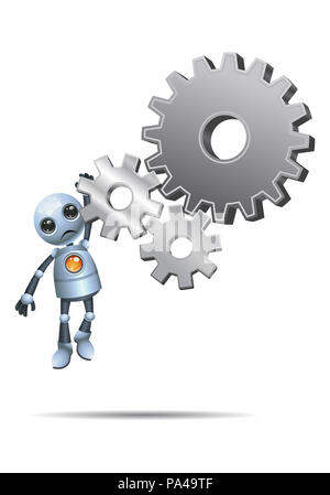 illustration of a happy droid little robot hanging on gears on isolated white background Stock Photo