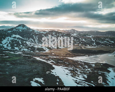 Aerial drone photo of a empty lake a huge volcanic mountain Snaefellsjokull in the distance, Reykjavik, Iceland. Stock Photo