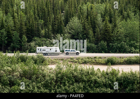 RV camper on an Alaskan road trip, Alaska, USA. Stock Photo