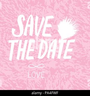 SAVE THE DATE card. Vector inscription lettering calligraphy white isolated on pink textured background. Stock Vector