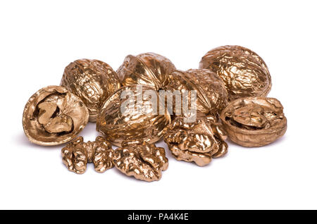 Group of peeled walnut kernels isolated on white background. Hand painted golden nuts. Stock Photo