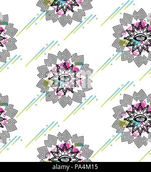 Seamless pattern with hypnosis eyes. Vector abstract background. Psyphodelic multicolored and black pattern on white background. Stock Vector