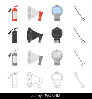 Fire extinguisher, megaphone, protective gas mask,hook. Fire Department set collection icons in cartoon black monochrome outline style vector symbol s Stock Vector