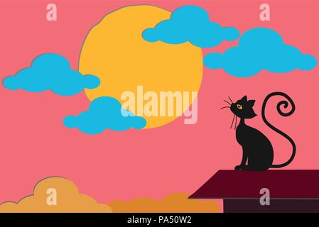 beautiful black cat watching the sun setting on pink cloudy sky, on roof top of home Stock Vector