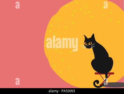 black cat sits on red chair with full moon on pink background, idea for printing and art work.