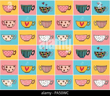 doodle hand drawing coffee cups in different designs on colour vintage background pattern seamless Stock Vector
