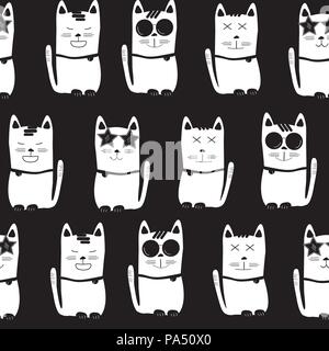 cool white cats with different characters on black background, seamless pattern background Stock Vector